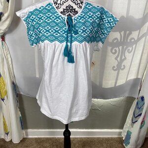 Keep in Touch white tank top with turquoise embroidery tassel tie boho summer